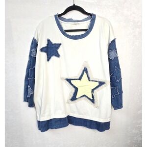 Blue Velvet Star Patch Oversized Sweatshirt Denim Cream Blue Large Boho